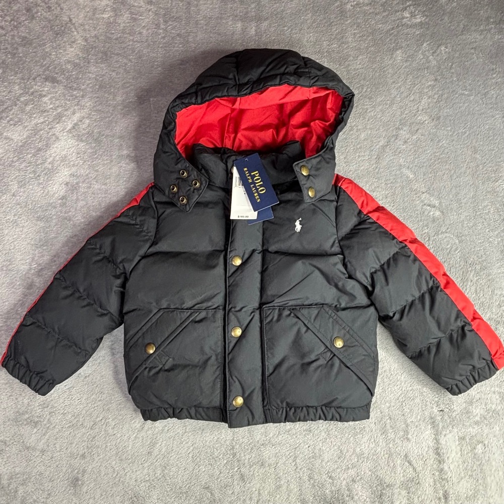 Polo Ralph Lauren Down Puffer Jacket Kids 4 Black Red Hooded Quilted Coat New